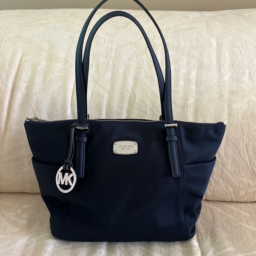 Michael Kors Navy Purse Tote Bag With Silver Hardware